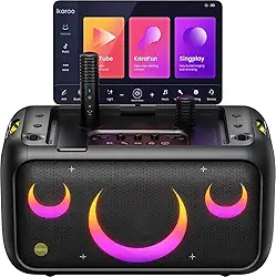 Speaker de Karaokê Profissional Ikarao Break X1 com Tela Touch 13.3" Android, 2 Microfones Sem Fio Recarregáveis, Som Potente 460W e Portátil para Festas e Eventos
