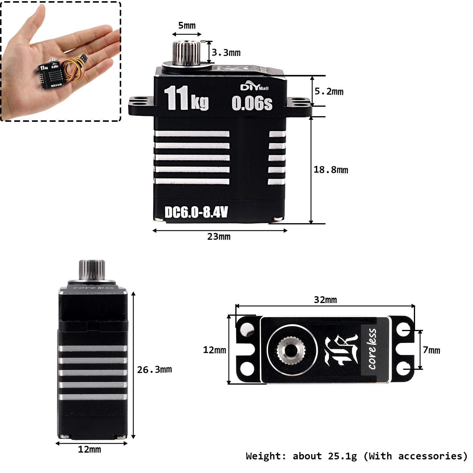 Mini servo numérique entièrement en métal à couple élevé de 11 kg, moteur sans noyau haute pression, micro servo programmable pour voiture télécommandée (270 degrés)