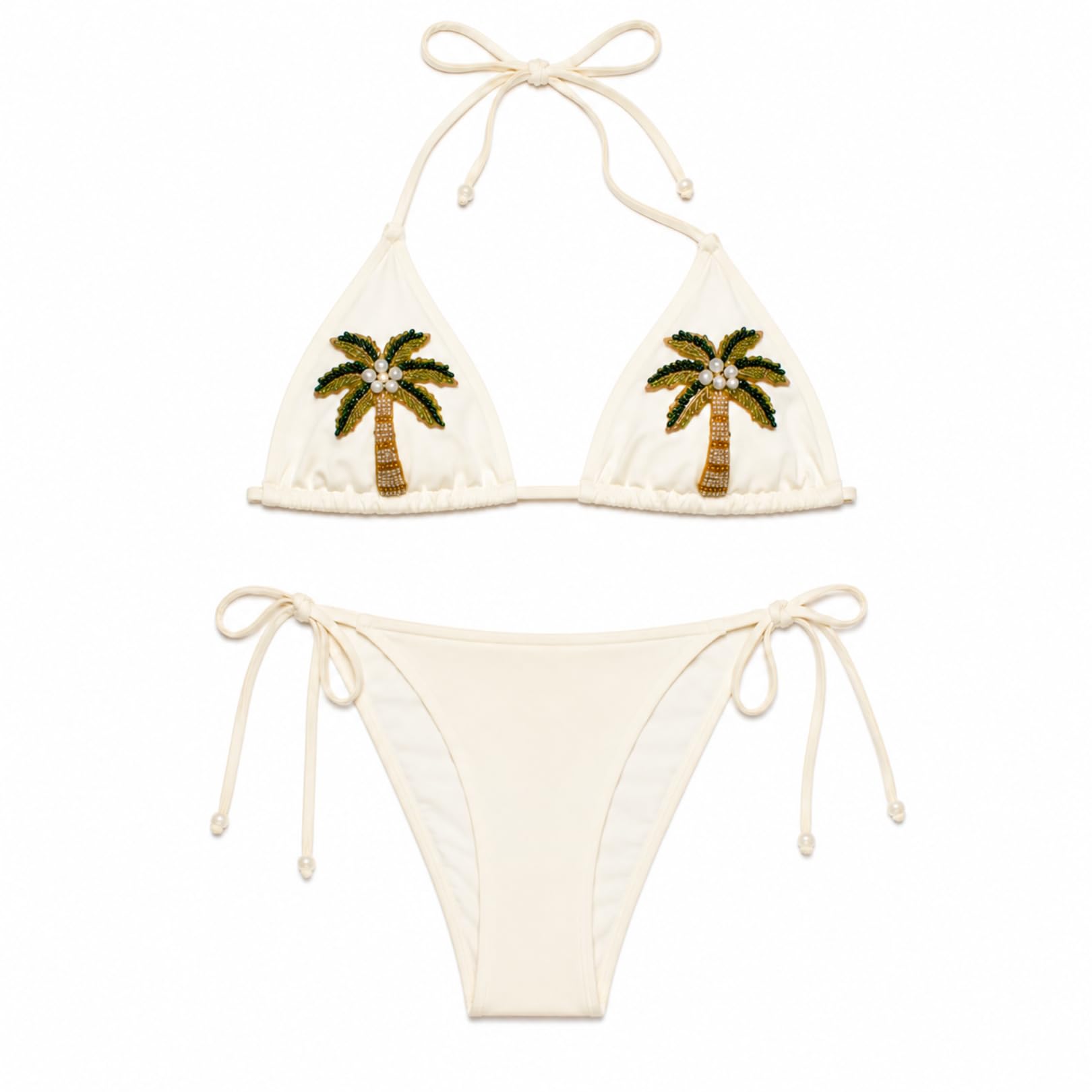 Women's Triangle Bikini Set, White, Handcrafted Palm Tree Embellishments, Adjustable Halter Tie, Tie-Side Bottoms, Soft Stretch Fabric, Beach Resort Wear-image-25