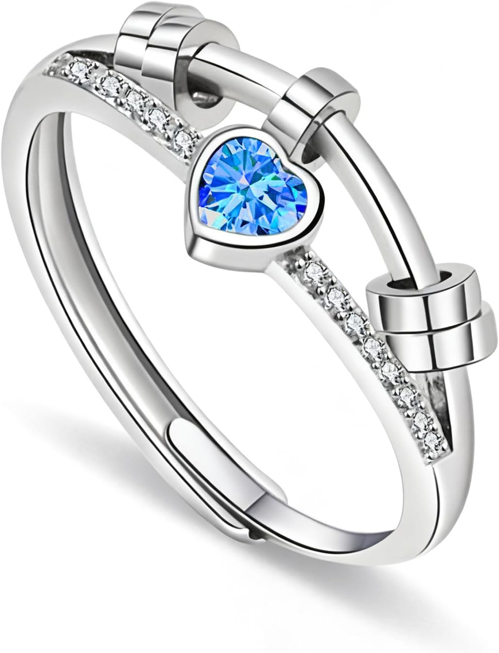 Adjustable Double-Layer Spinner Fidget Ring, Silver Anxiety Ring for Women with Cubic Zirconia, Rotatable Stress Relief Jewelry Valentine’s Day Gift for Girls and Women
