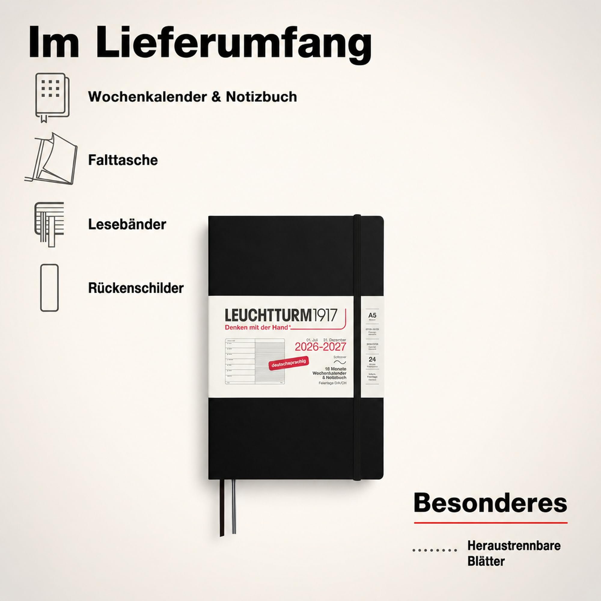 LEUCHTTURM1917 Agenda semanal 2027 A5 con cuaderno, a rayas, agenda alemana, 18 meses de julio de 2026 a diciembre de 2027, negro, tapa blanda, 210 x 145 mm, vista semanal izquierda + página de notas