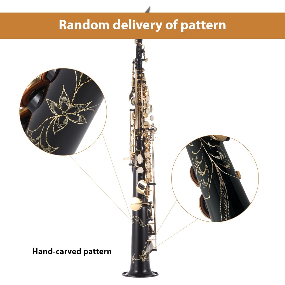 HUIOP Ottone Dritto Sax Soprano Sassofono Sib B Strumento a fiato Piatto Conchiglia Naturale Modello Intagliato con Custodia Guanti Panno per la Pulizia Cinghie Asta per la Pulizia