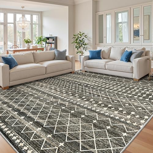 Miukiki 8x10 Area Rug for Living Room Moroccan Washable Rugs Non Slip Indoor Floor Carpet Foldable Large Soft Area Rug for Dining Room Bedroom with Low Pile(Black,8'x10')