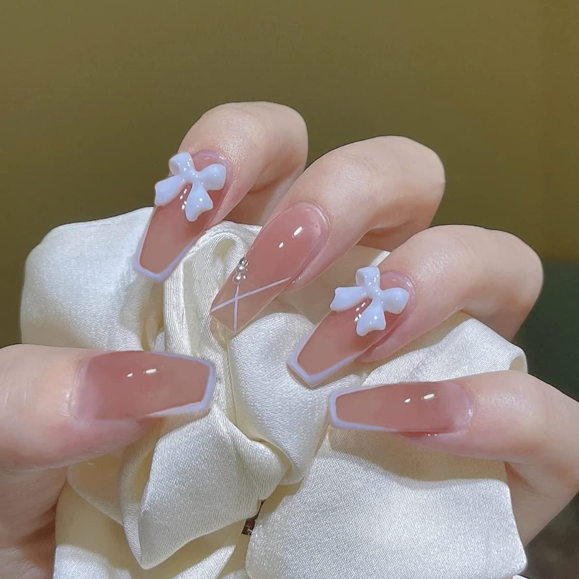 Amazon | 24PCS ロング大人女性ネイル ピンク ネイルチップ ホワイトの
