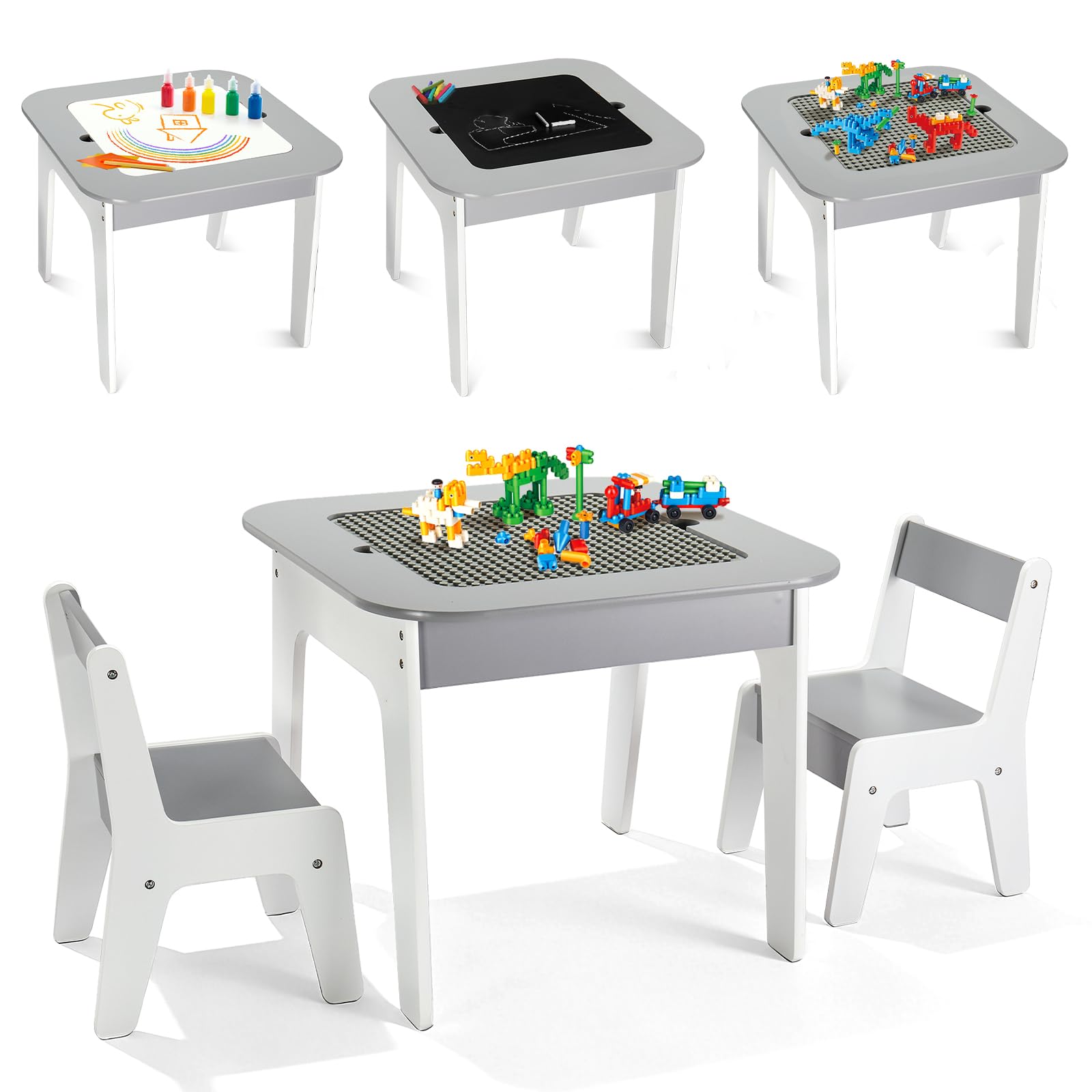 JOYMOR Toddler Table and Chair Set with Storage, 4-in-1 Tabletops Kids Table and Chairs for Crafts (Building-Blocks Board, Blackboard, Whiteboard),