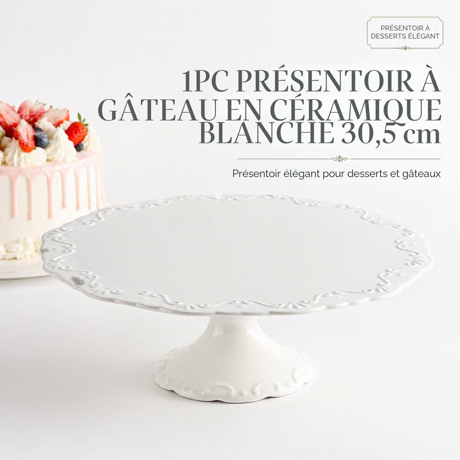 Support Gâteau En Porcelaine Blanche, 30 Cm (12 Pouces), 1 Pièce Élégante Européenne Avec Pied Haut, Résistant au Lave-Vaisselle, Adapté Aux Gâteaux Jusqu'à 25 Cm