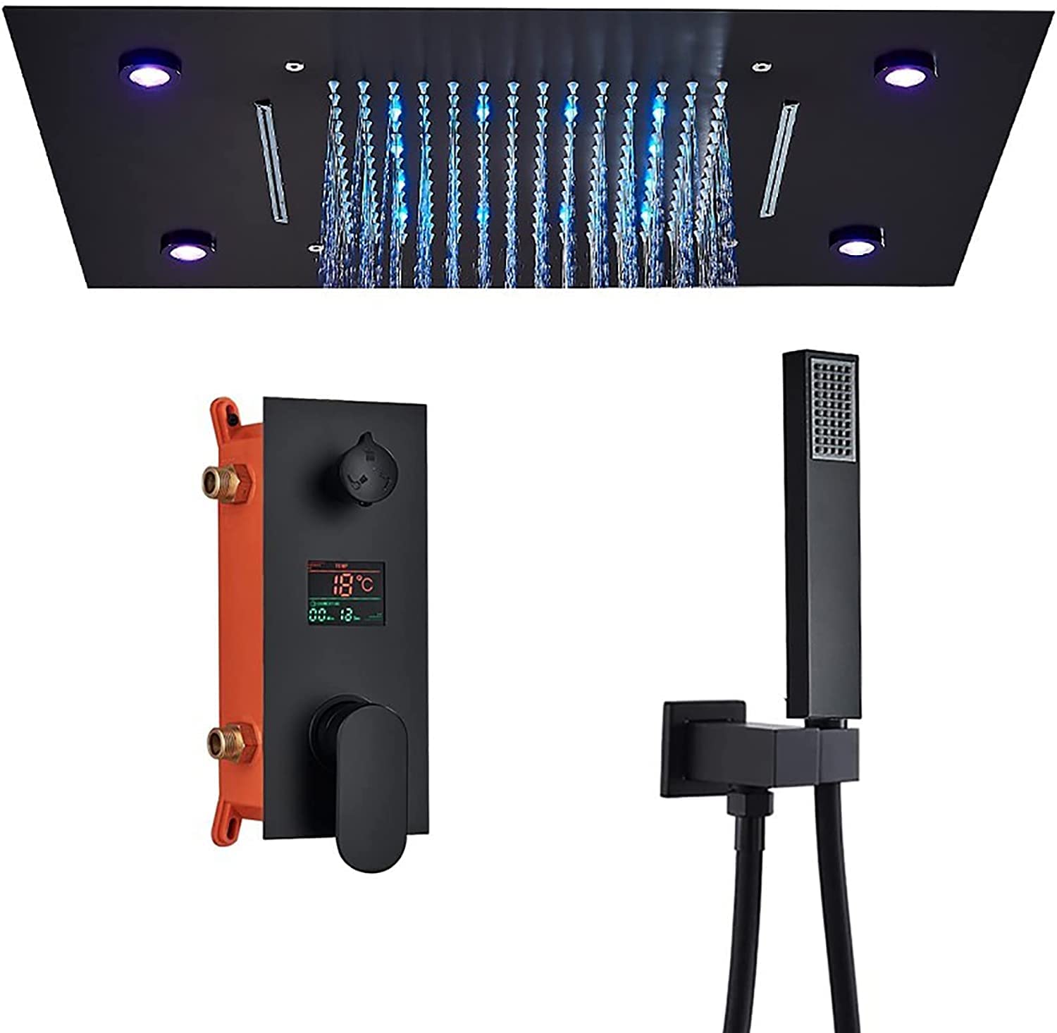 Zestaw prysznicowy LED 64 kolory, bateria natryskowa z wyświetlaczem cyfrowym LCD, zestaw prysznicowy z deszczownicą, czarny, 3 funkcje, zestaw wykończeniowy do wann,