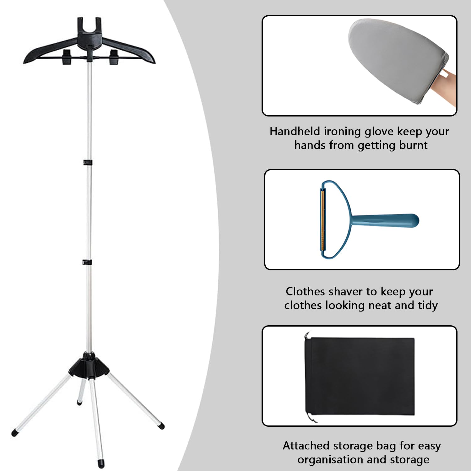 Cintre pour défroisseur, support réglable pour défroisseur à main avec gant de repassage et rasoir à peluches, trépied télescopique, cintre suspendu pour défroisser les vêtements (Noir)