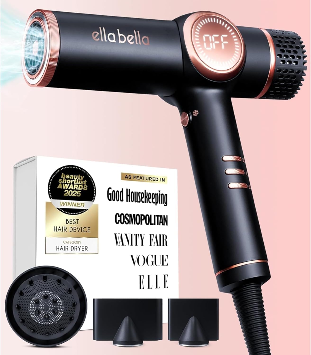 ELLA BELLA® Professional Ionic Hair Dryer with Diffuser • Negative Ion Blow Dryer • Suitable All Hair Types • Intelligent Heat Control & Rapid Drying Speeds • Lightweight Design • Low Noise Technology ELLA BELLA® Professional Ionic Hair Dryer with Diffuser • Negative Ion Blow Dryer • Suitable All Hair Types • Intelligent Heat Control & Rapid Drying Speeds • Lightweight Design • Low Noise Technology