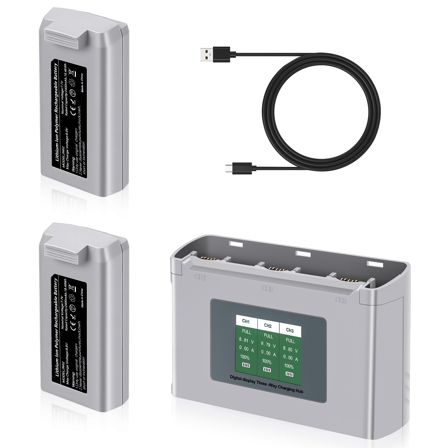 Paquete de 2 baterías de vuelo inteligente Mini 2 Series de 2400 mAh, 3 ranuras, concentrador de carga de doble dirección, compatible con drones DJI Mini 2/2 SE/SE/4K Series hasta 31 minutos