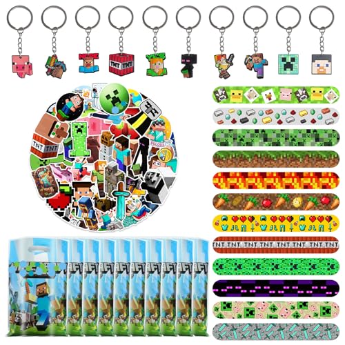Lutandi 82-teiliges Party Mitgebsel Set für Geburtstag mit 50 Stickern 10 Geschenktüten 12 Schnapparmbändern & 10 Schlüsselanhängern Stil 1