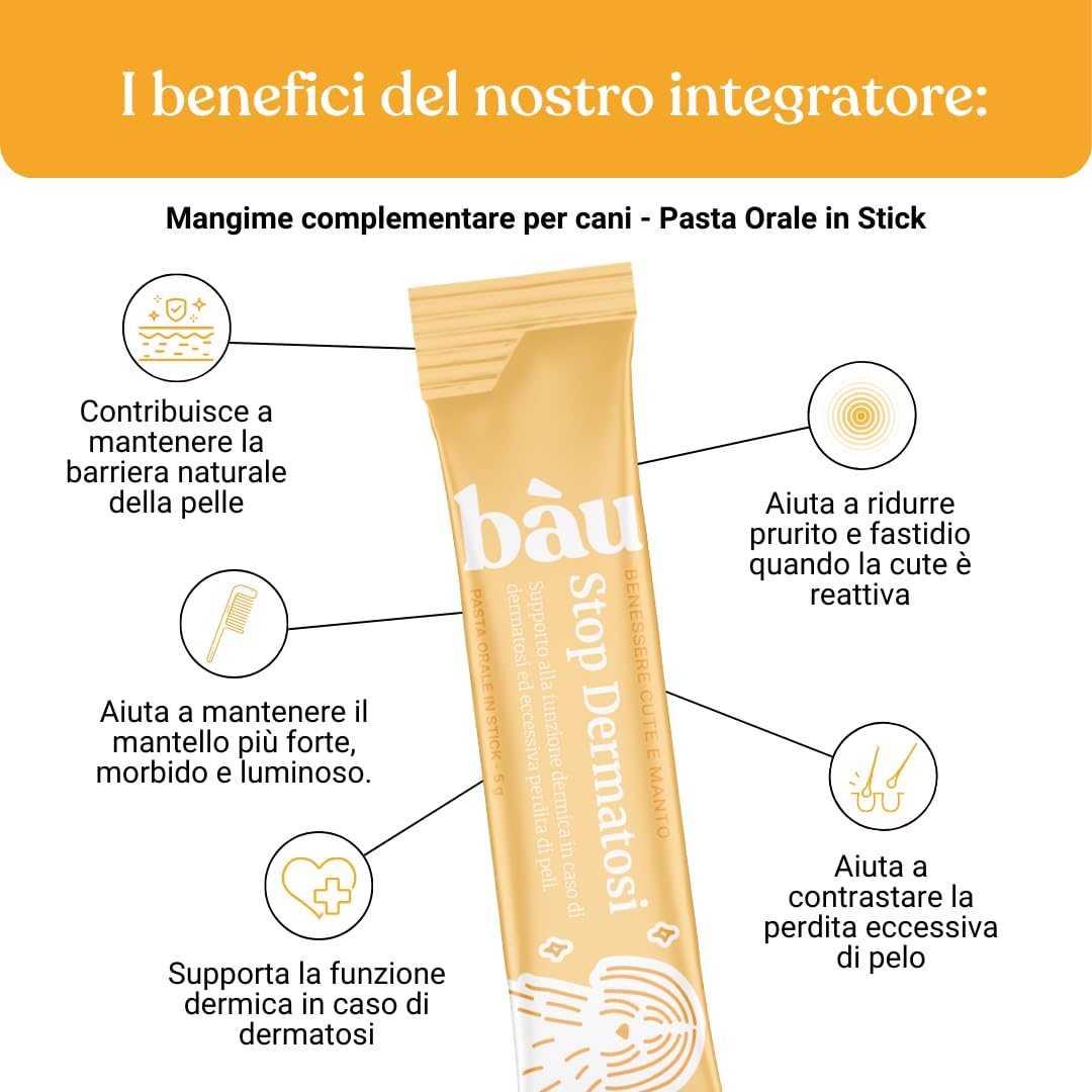 Bau Dermatite Cane e Prurito in Pasta – Stop Dermatosi Integratore Pelle e Mantello – per Perdita Pelo, Cute Irritata e Forfora – Supporto Funzione Dermica in Stick Appetibili