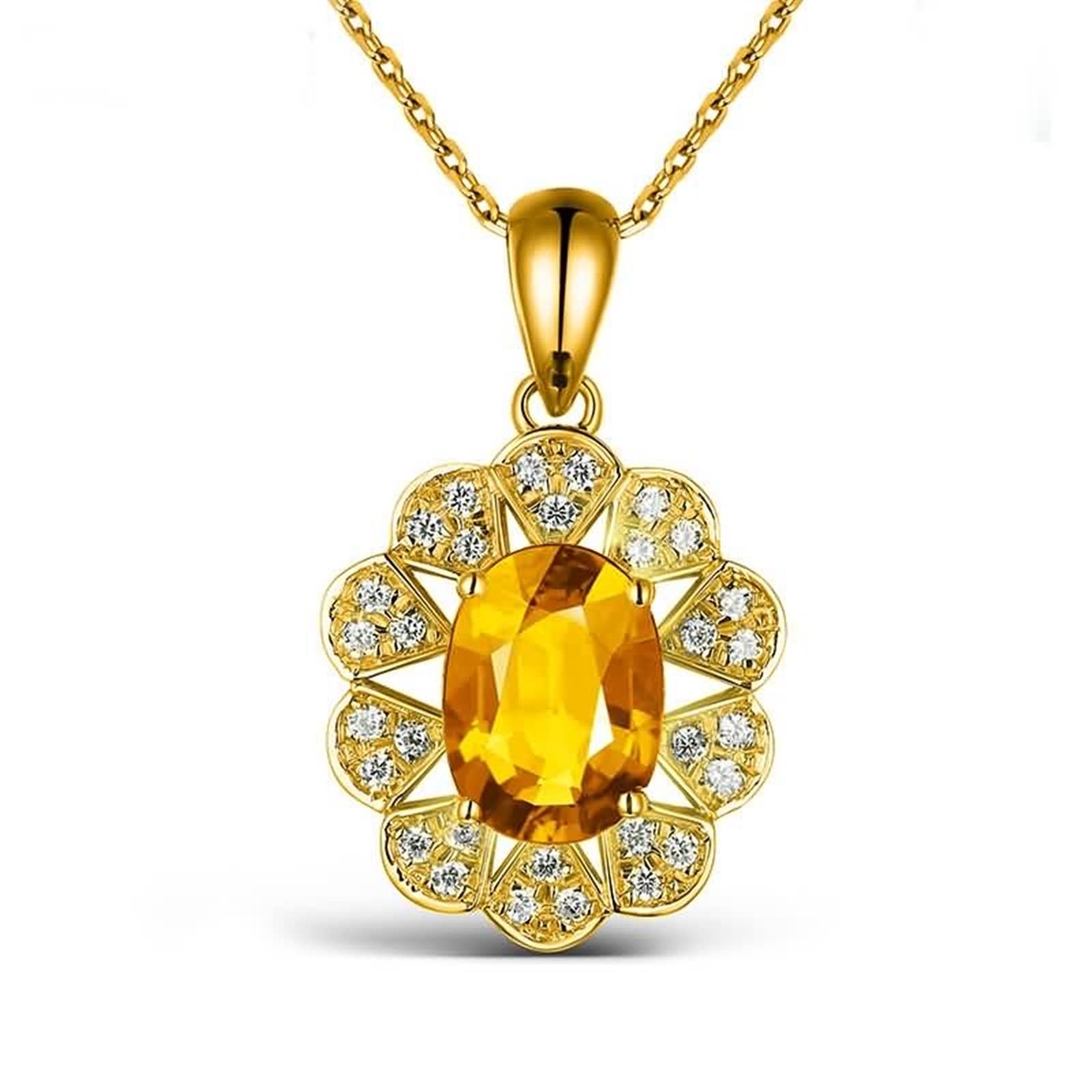 Damen Halskette Gold Echt, Kette Anhänger Damen mit Citrin 1.67ct und Moissanite, Echtschmuck für Frauen