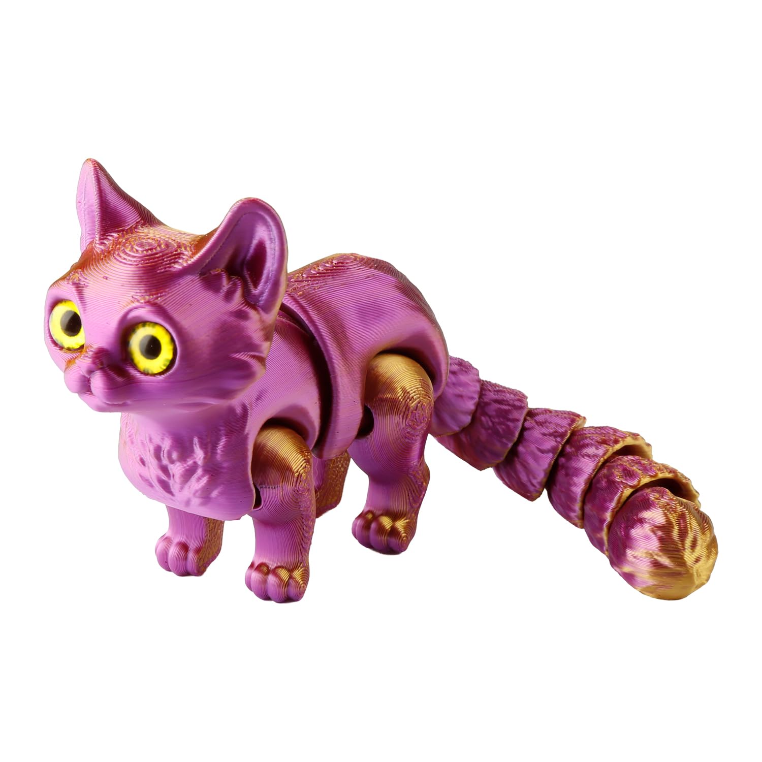 Hopzab 3D Printed Cat Figurine – Flexible Animal Fidget Toy for Stress Relief & Anxiety Management, Cute Desk Decor for Home & Office, Unique Collectible Cat Gift(Purpel and Gold)