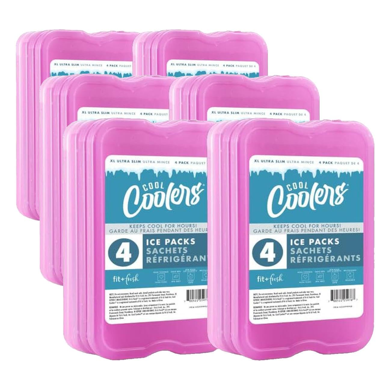 Cool Coolers by Fit &amp; Fresh 4 Pack XL Slim Ice Packs, Quick Freeze Space Saving Reusable Ice Packs for Lunch Boxes or Coolers