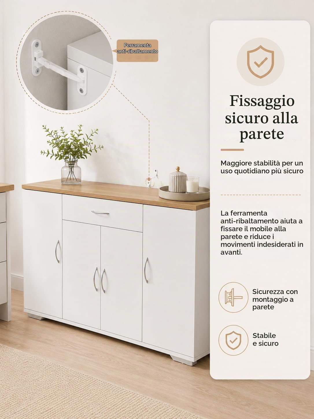 Hitsuki Credenza Sala da Pranzo Bianca con 4 Ante e 1 Cassetto 110×30×70cm | Credenza con 4 ante e 1 cassetto, spazio pratico per organizzare stoviglie, posate e accessori nella sala da pranzo