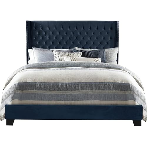 SIDA Velvet Upholstered Platform Bed Deep Button Tufting Frame Bed with Wingback Headboard/ Mattress Foundation/ Wood Slat Support/ No Box Spring Needed/ Easy Assembly, Blue, King