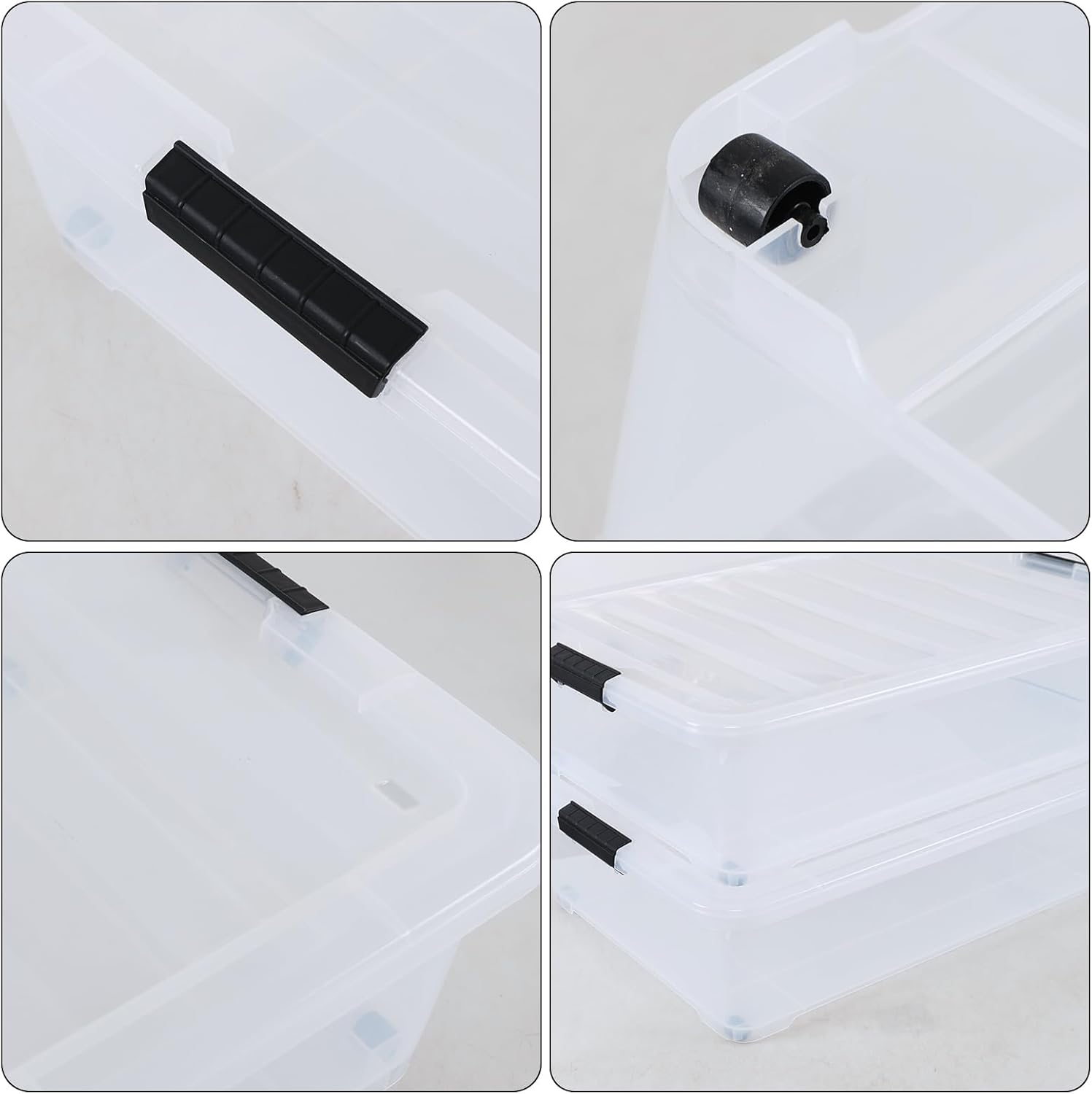 Obstnny 50 Quart Plastic Under Bed Bins, 4 Pack Clear Storage Bin with Wheels, Large Latching Storage Box