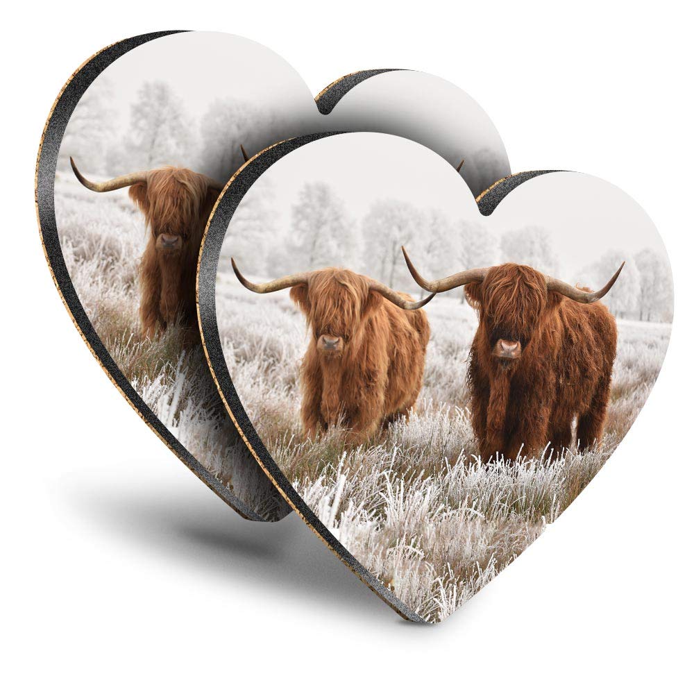 Destination Vinyl ltd Great Coasters (Set of 2) Heart - Winter Highland Cow Scotland Drink Glossy Coasters/Tabletop Protection for Any Table Type #14591
