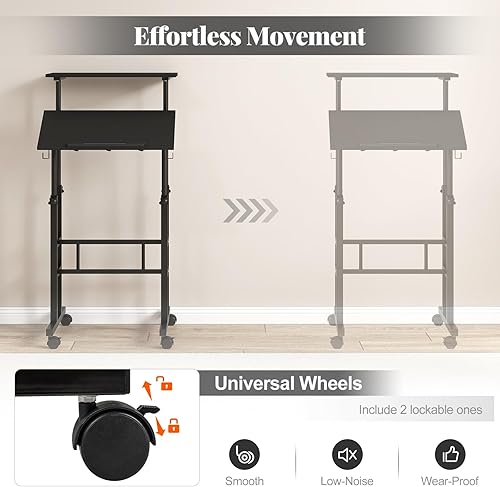 Miniatura 6 de Giantex Escritorio móvil de pie, altura ajustable con ruedas y mesa inclinable, estación de trabajo para computadora de oficina en casa, escritorio