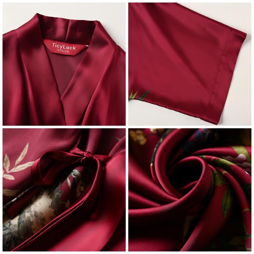 Image of Women's Silk Kimono Robe Short Bathrobe Nightgown 100% Mulberry Silk for Women - Classic Floral Pattern