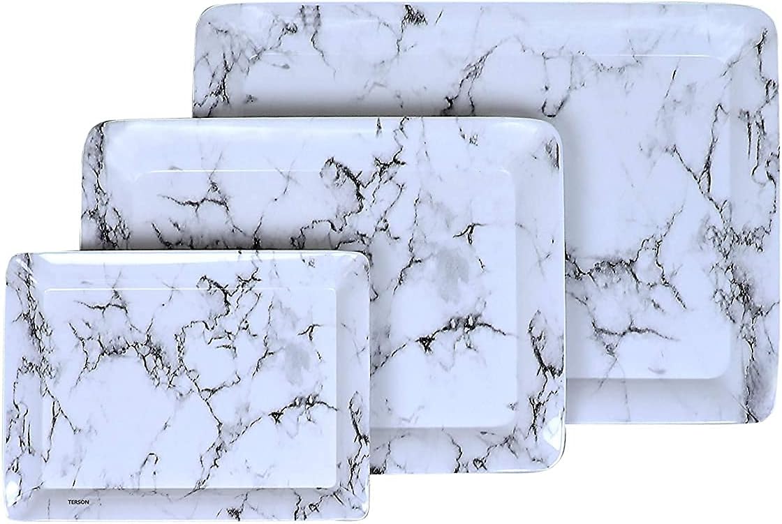 Marble Printed Black Melamine Serving Rectangular Tray For Kitchen, Dining, Serving And Desk Tray Set (Small, Medium, Large) -Pack Of 3