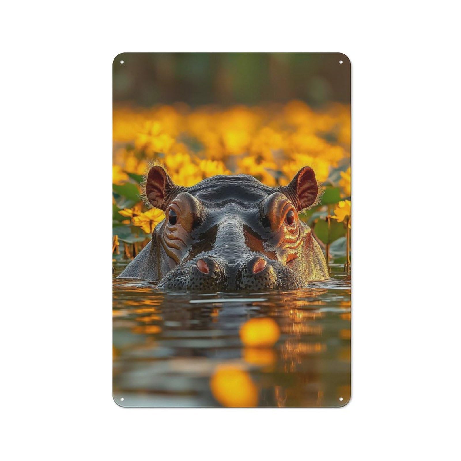 Junmoney Style For Lounge Or Reading Corner, Hippo In Water With Yellow Flowers Vintage Metal Sign 30X20cm, For Collectors Decorating Lounges And Reading Corners