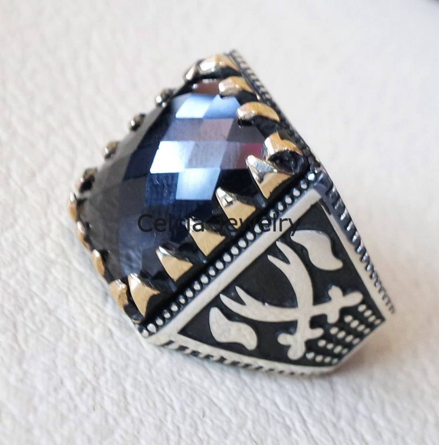 Edelstein-Checker-Ring, Siegelring für Herren, Statement-Ring, Verlobungsgeschenke, silberner Emaille-Ring, bester Februar-Geburtsstein-Ring
