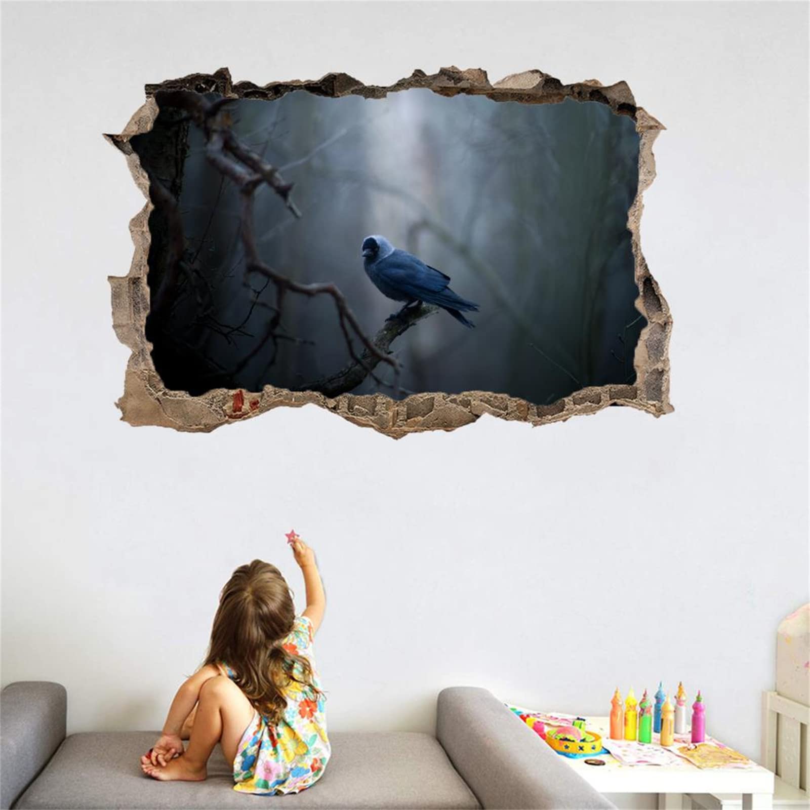 Vogel 3D Wandaufkleber, Tier Durchbruch Wandtattoos Deko Wand Selbstklebend 80 cm x 120 cm, Wand Aufkleber Wanddurchbruch Wandsticker für Zuhause, Badezimmer, Schlafzimmer, Wohnzimmer