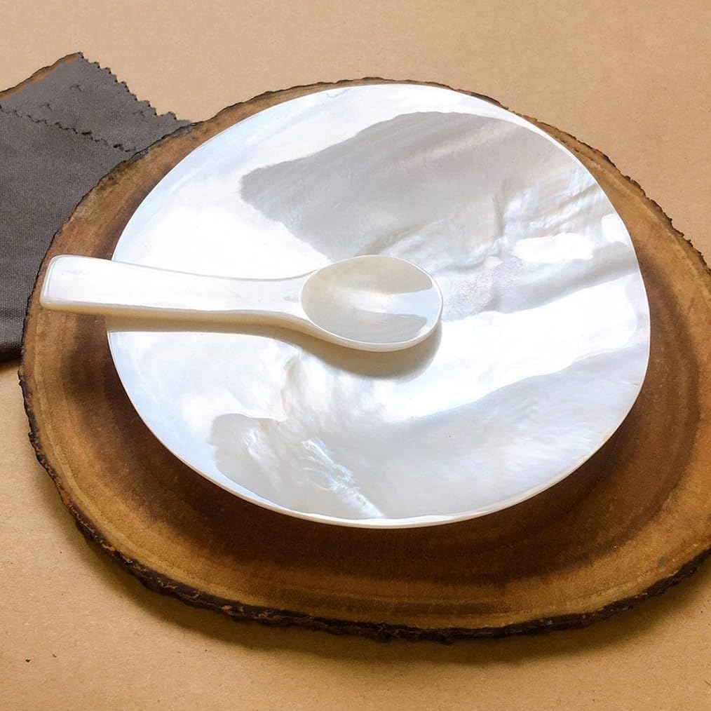 Caviar Plate 03 Pcs Natural Shell Set: Mother of Pearl Plate and Spoon for Caviar, Jewelry, Appetizers, Desserts, Decorations (03 Dish 4.3 Inches, 03 Spoon 2.75 Inches)