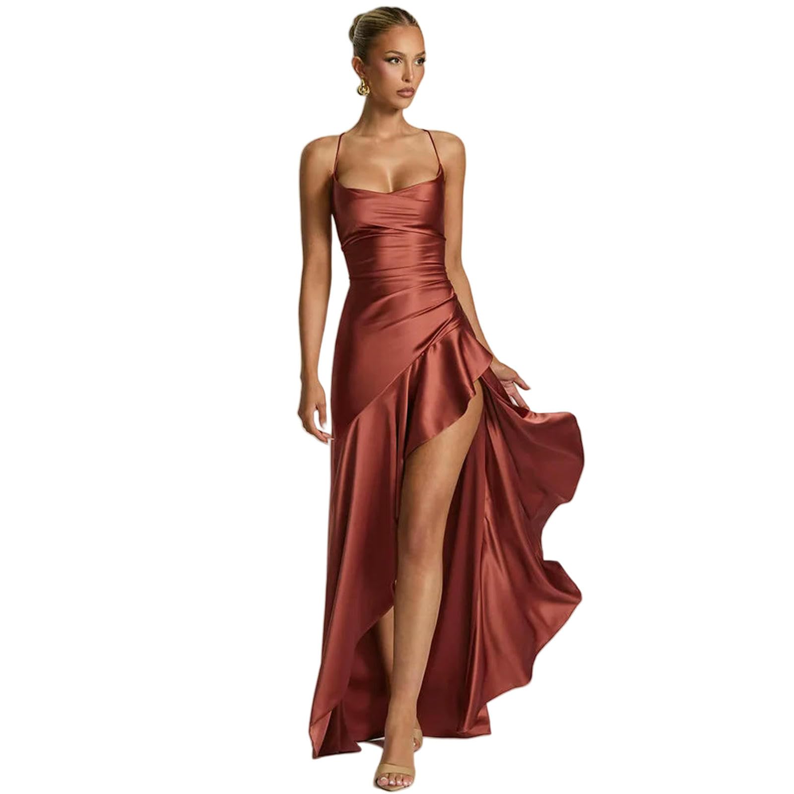 CHENSHI Sukienki na imprezę damskie eleganckie eleganckie spaghetti z satynowymi paskami rozcięcie maxi kobiety seksowne bez pleców z tyłu wieczorowe sukienka na plażę wakacje lato - granatowy - L