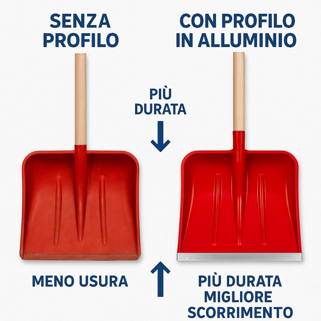 Pala Neve in ABS con Profilo Rinforzato in Alluminio – Manico in Legno 135 cm Made in Italy – Lama 39–41 cm – Resistente Antiusura per Esterno