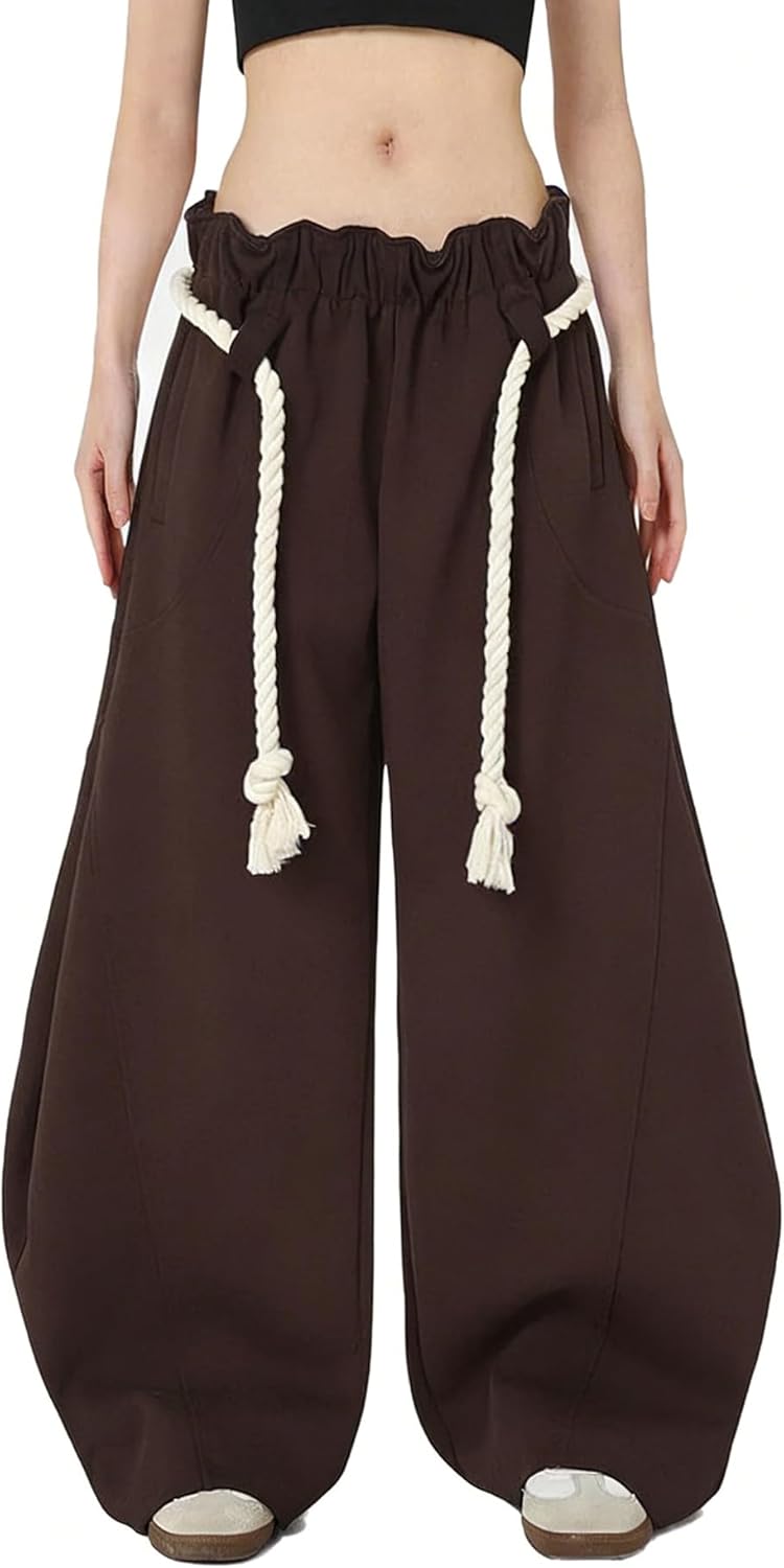 Women Baggy Barrel Sweatpants Rope Belt Elastic Waisted Casual Wide Leg Pants Oversize Lantern Athletic Trouser