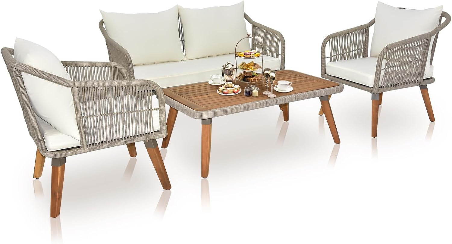 Outvita Patio Furniture 4pcs Outdoor Conversation Sofa Set with Gray Sofa&White Cushion Coffee Table, Loveseat and Single Chair for Backyard Garden Terrace Balcony