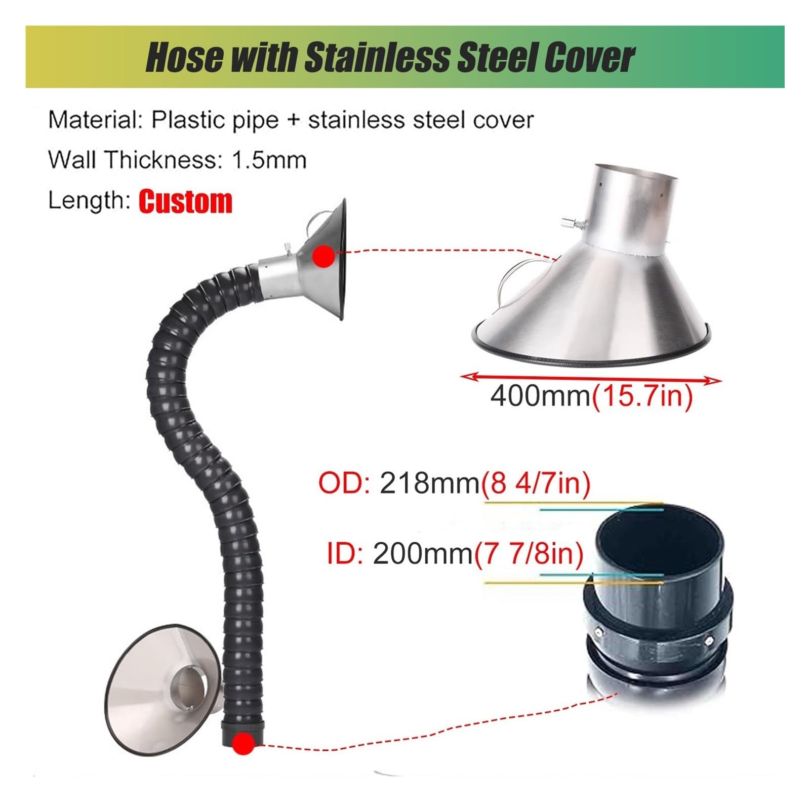 Manguera articulada, Brazo Flexible Industrial para conducto Extractor de Aire, Manguera de succión de 0,8 m con Campana para aspiradoras de Laboratorio y Taller, Brazo de extracción de Humo