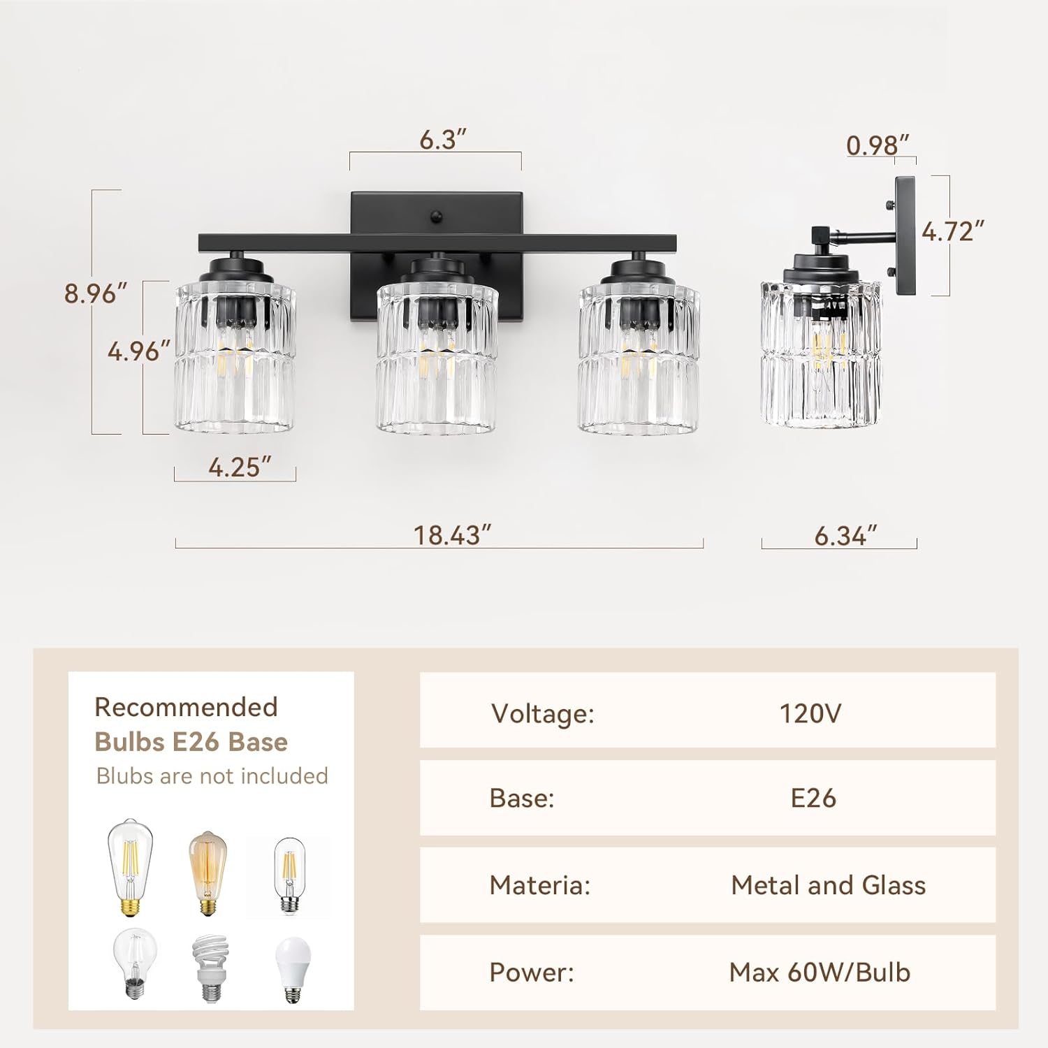 TALOYA 19 Inch Bathroom Light Fixtures,Modern 3-Light Brushed Black Vanity Lights with Wide Vertical Ribbed Thickened Glass Shade Wall Sconces for Mirror Makeup Room Hallway（Bulbs Not Included）