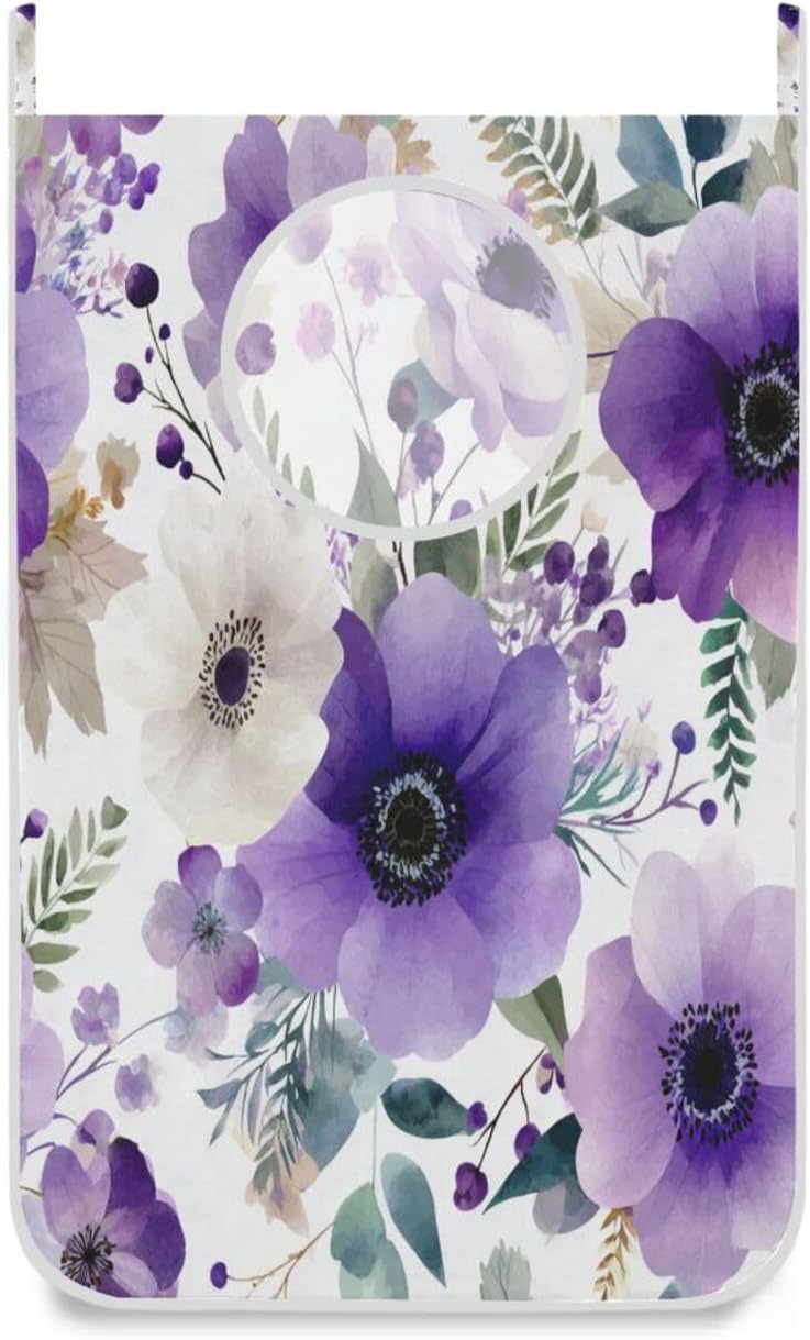 Purple and White Silver Lotus Flowers and Berries Hanging Laundry Hamper Door Hampers Bag Basket with Stainless Steel Hooks Oxford Fabric Printing Decorative Clothes Bags 29.5X20inch 2Pack