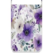 Purple and White Silver Lotus Flowers and Berries Hanging Laundry Hamper Door Hampers Bag Basket with Stainless Steel Hooks Oxford Fabric Printing Decorative Clothes Bags 29.5X20inch 2Pack