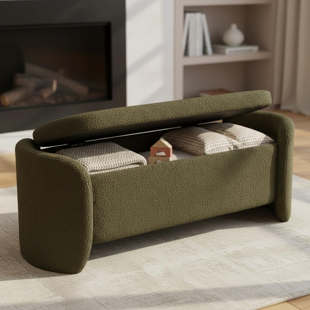 LukeAlon 50 inch Storage Ottoman Bench, Upholstered Faux Leather End of Bed Bench with Large Storage, Shoe Bench for Entryway, Living Room, Bedroom, Solid Wood Frame (Christmas Tree Green)