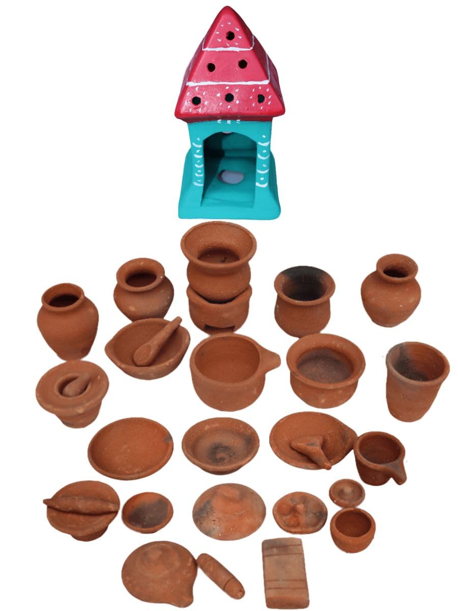 Handmade Real Miniature Cooking Set with Small House/Terracotta Cooking Play Set | Play Toy Natural Earthenware Cooking Set 30 Pieces | Choppu Saman Set | Clay Kitchen Set for Golu/Home Decoration (B0CTHYQPJH) Amazon Price History, Amazon Price Tracker