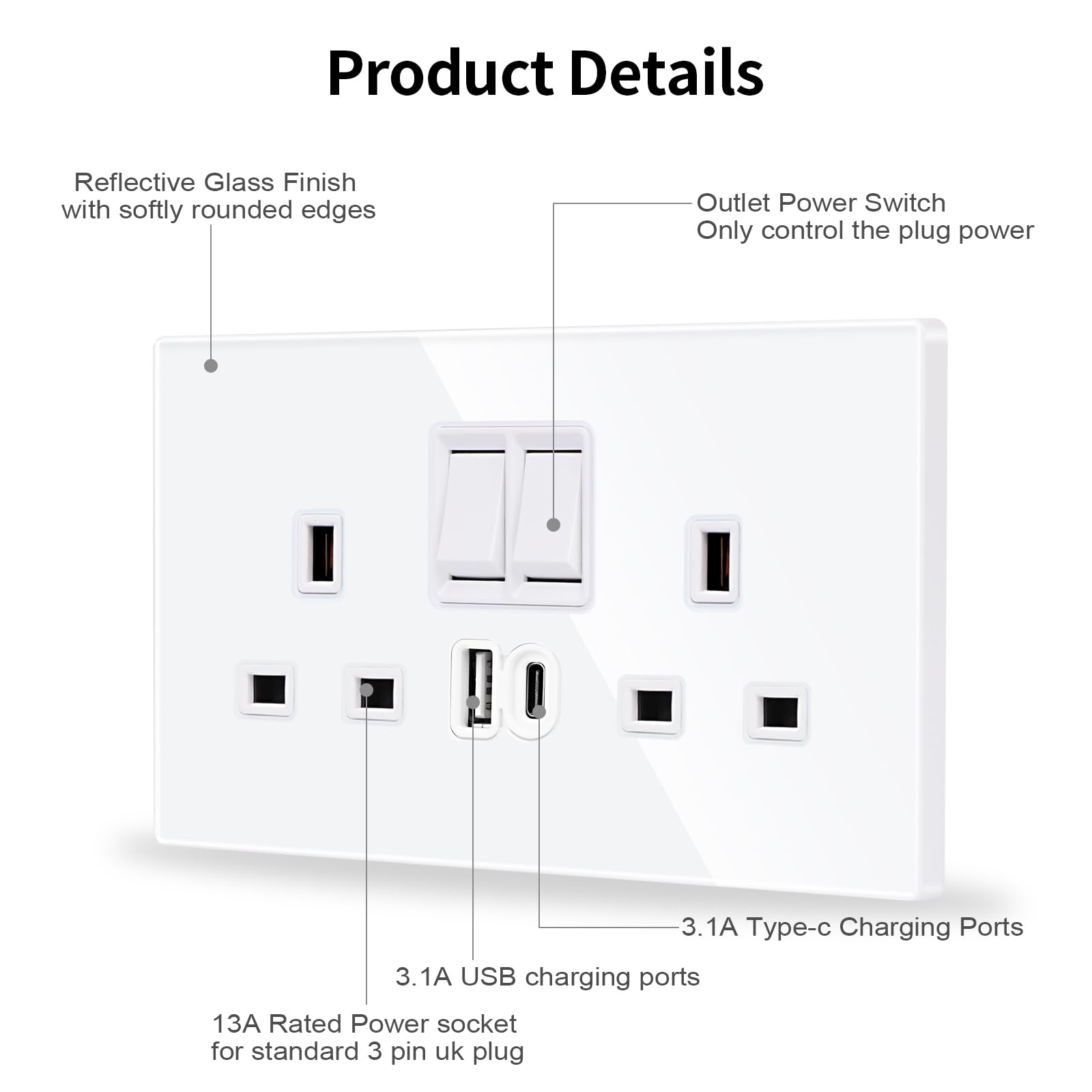 JIMEIDA 2 Pack Double Switched Socket White 20W Fast Charging 13 Amp with USB A and Type C Charging Ports Crystal Glass Panel Wall Outlet - Image 3