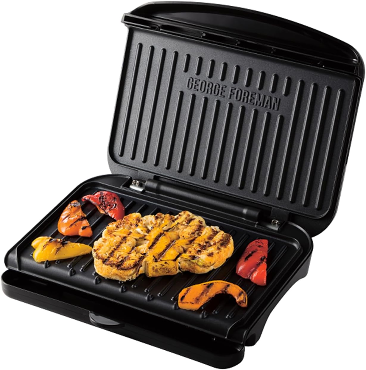 George Foreman Medium Electric Fit Grill [Non stick, Healthy, Griddle, Toastie, Hot plate, Panini, BBQ, Energy saving, Vertical storage, Easy clean, Drip tray, Ready to cook light] Black, 1630W 25810