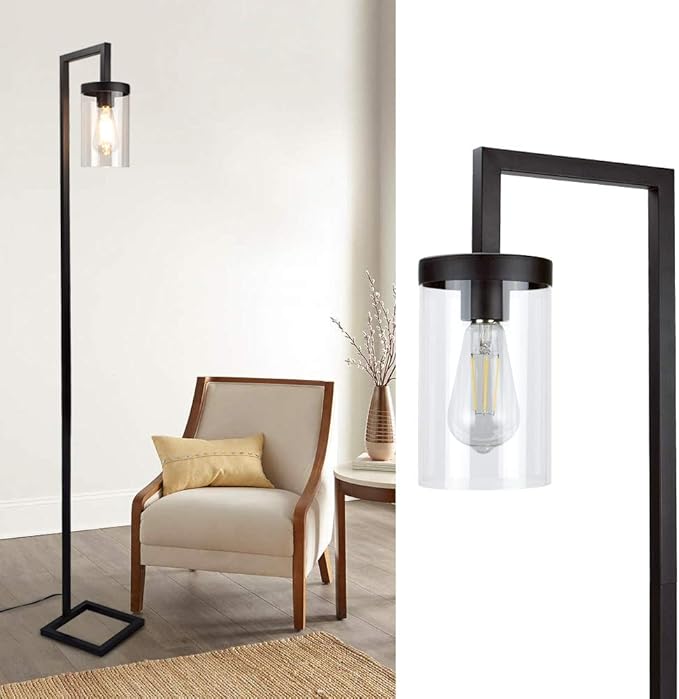 Depuley Depuley Led-vloerlamp zwart met voetschakelaar, retro minimalistische staande lamp, E27 leeslamp woonkamer, 110-240 V, max. 60 W, glas & metaal, staande lamp in Scandinavische stijl voor slaapkamer kantoor studio