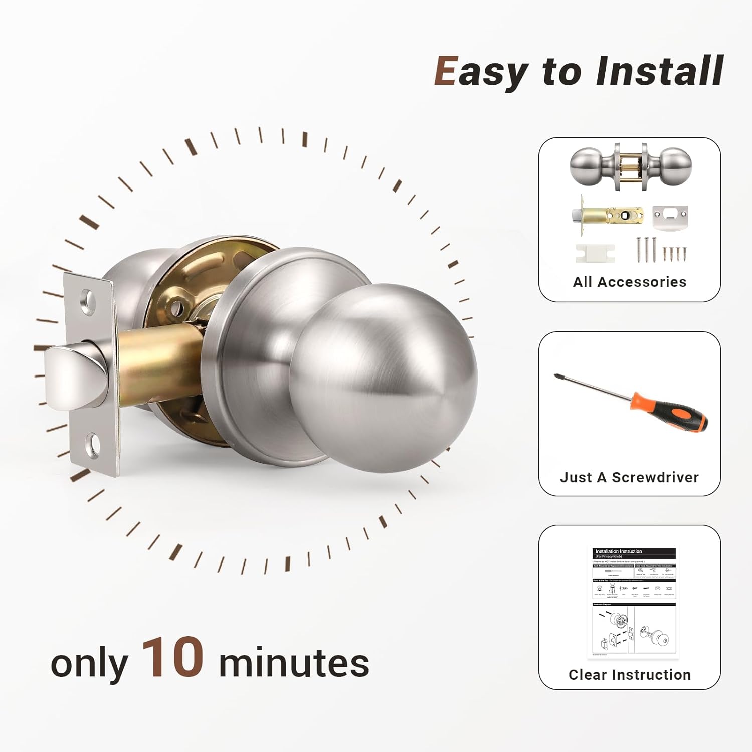 Knobonly 6 Pack Satin Nickel Round Ball Door Knob, Classical Passage Hallway Closet Door Handles, None-Locking