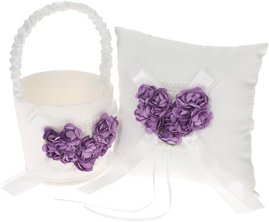 Wedding Supplies 5pcs set Double Heart Satin Flower Girl Basket Ring Bearer Pillow Guest Book Pen Holder Bride Garter Set Purple for Ceremony Party Supplies