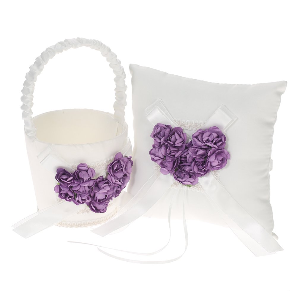 5-teiliges Hochzeitszubehör-Set: Satin-Blumenmädchenkorb, 7 x 7 Zoll Ringträgerkissen, Gästebuch, Stifthalter, Brautstrumpfband – Lila