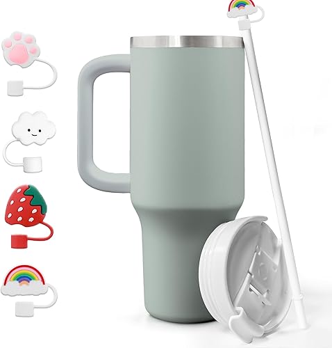 Miniatura 1 de SLURZA Vaso de menta de 40 onzas con asa y cubiertas de pajita, vaso aislado con tapa y juego de 4 adornos para pajilla, taza de viaje