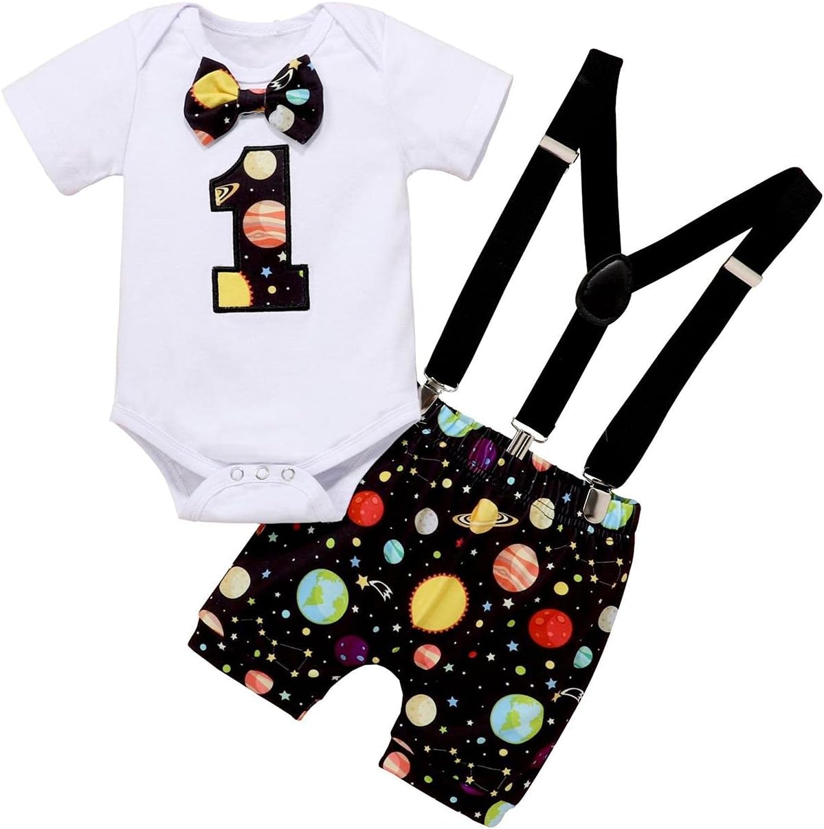 Smashing BumpkinsBaby Boys Space and Planets First Birthday Outfit, Baby Boy Cake Smash Outfit, Dickie Bow, Suspender and Bloomers Set for Baby Boys 1st Birthday, Cute First Birthday Outfit