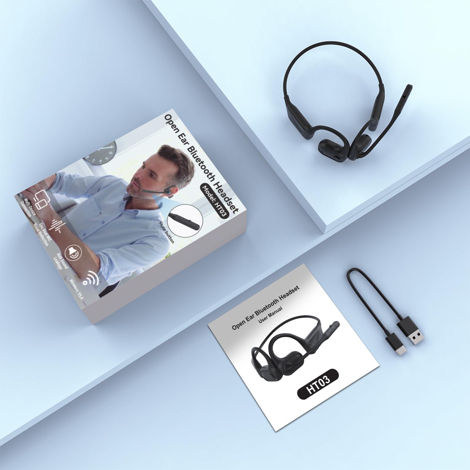 Bluetooth Headset mit Mikrofon Stummschalttaste, Multipoint-Verbindung, 29g | Bluetooth 5.4, Open-Ear Design,Rauschunterdrückendes Mikrofon für Büro, Meetings, Fahren, Typ-C-Aufladung