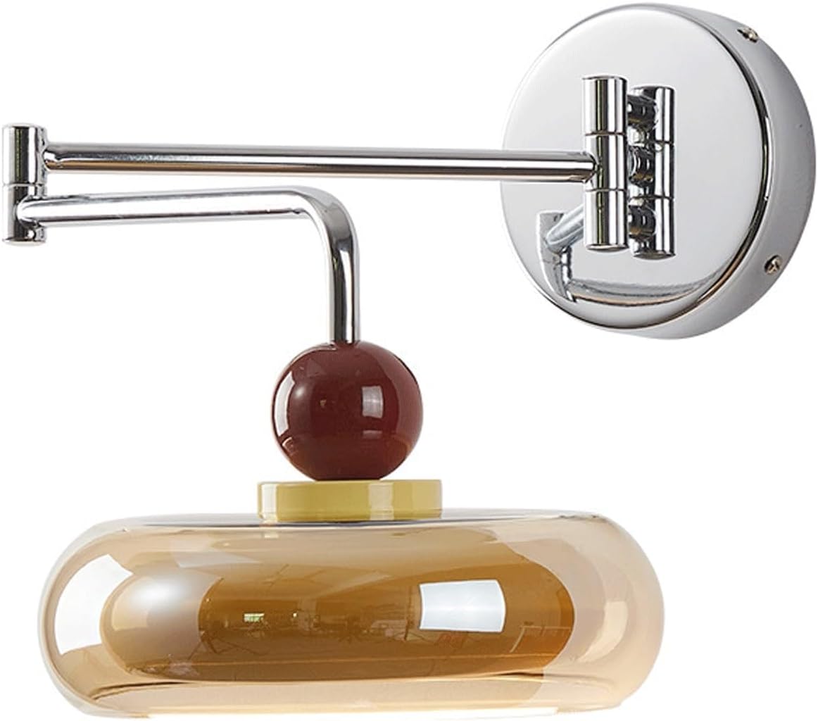 Modern Minimalist LED Swing Arm Wall Sconce Full Spectrum Three Color Dimmable High CRI Eye Care Amber Glass Shade Chrome Finish Adjustable Reading Light for Bedroom Study Living Room